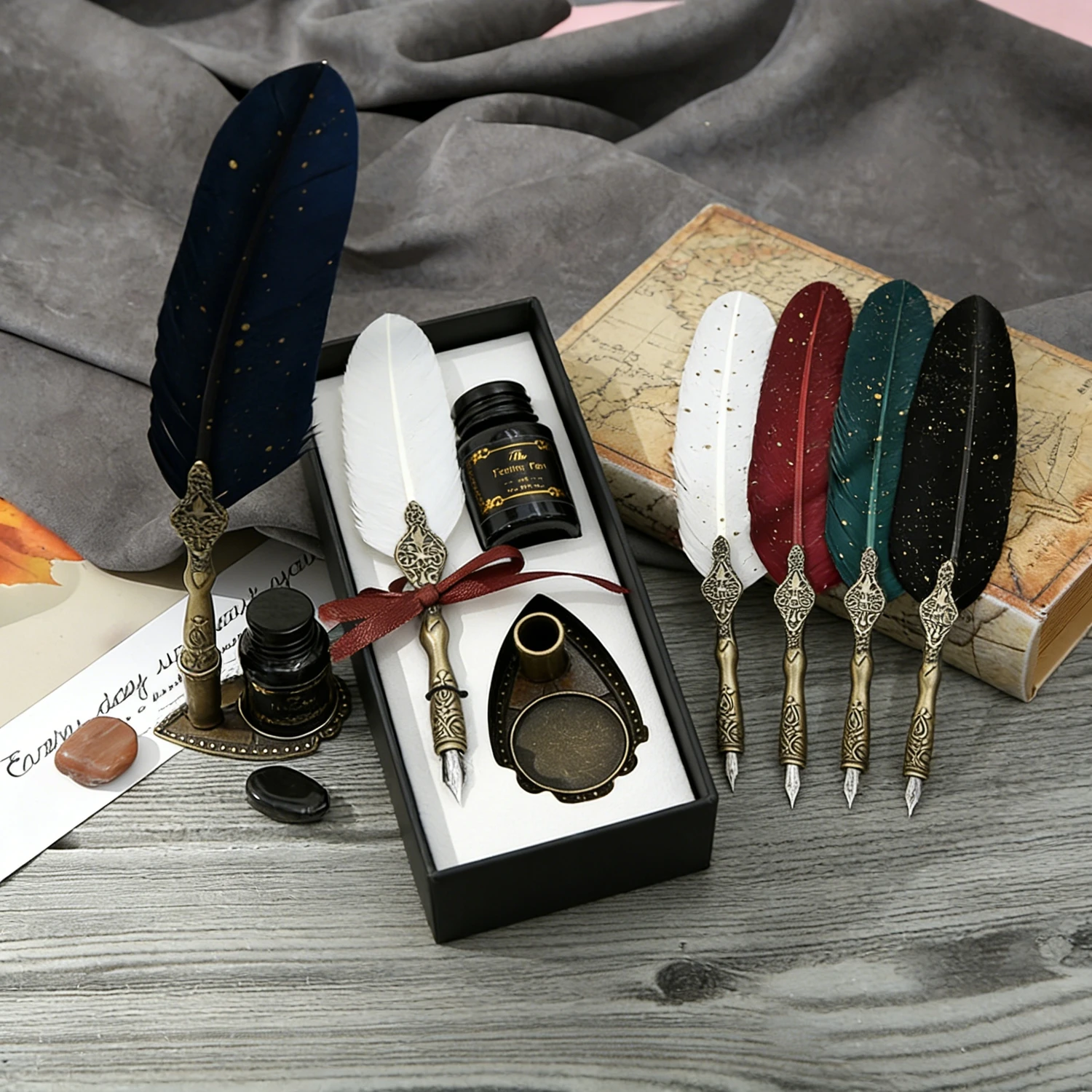 

Retro Calligraphy Feather Dip Pen w/ 2Nib Set Quill Fountain Writing Creative Vintage Stationery Classic Texture Gift Box No Ink