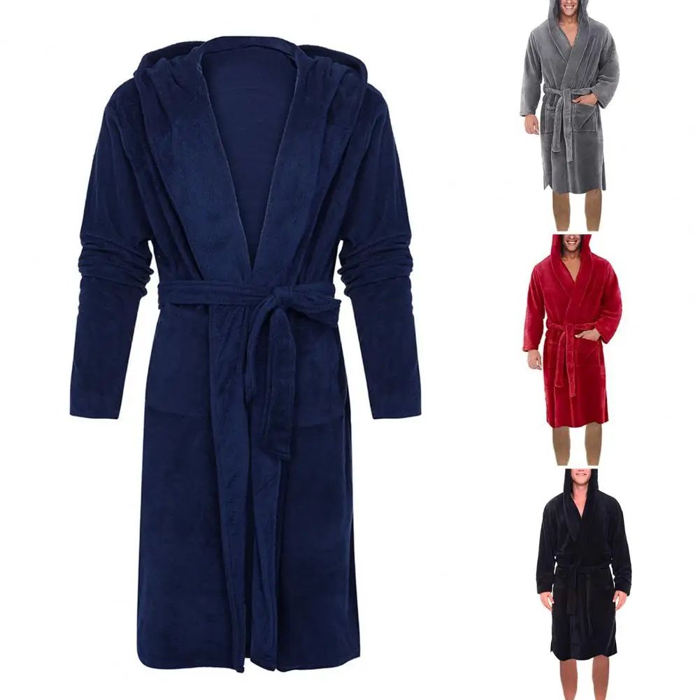 الصوف ثوب النوم أفخم البشكير كم طويل جيب حزام الصلبة الرجال البشكير الشتاء الدافئة مقنعين طويل الصوف المنزل ثوب النوم