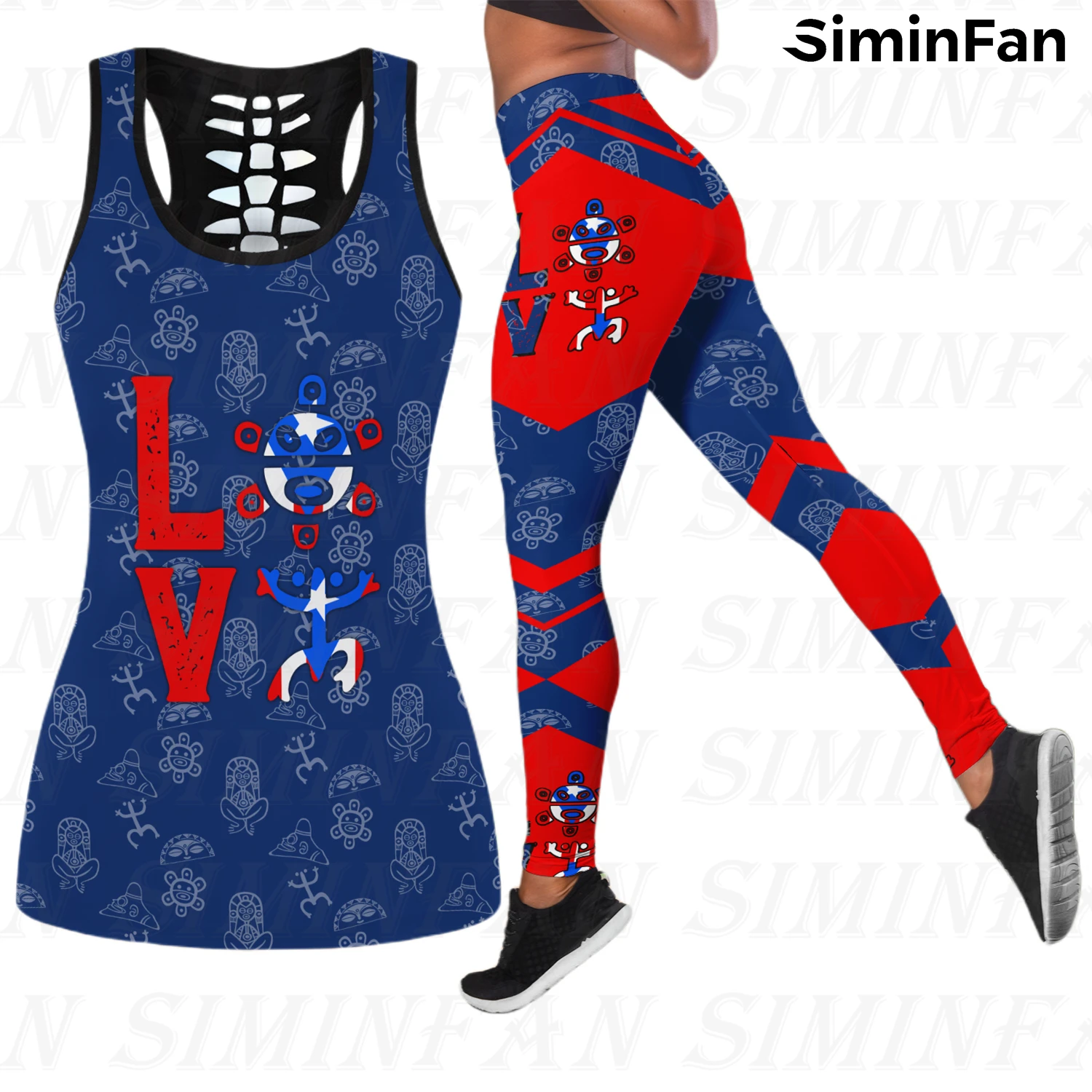 

Women Pant Suits Puerto Rico Symbol 3D Print Tank Tops Combo Outfit Legging Summer Vest Tees Female Two Piece Yoga Set Red Blue