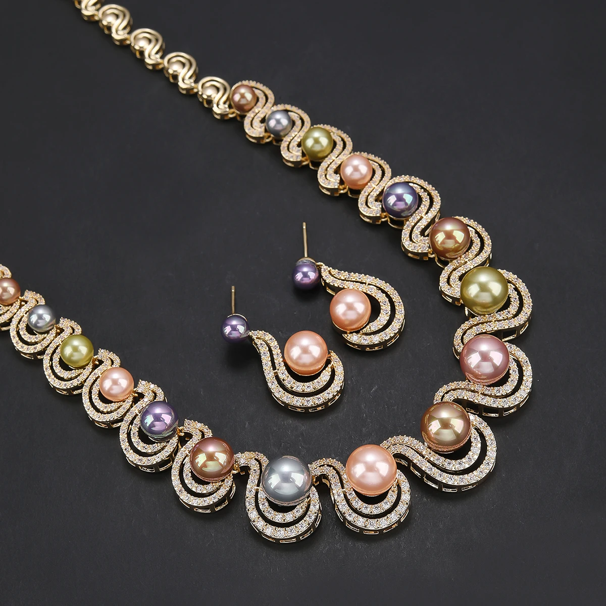 Luxury Colors  Pearl Necklace Earring Set White Cubic Zirconia Wedding Bridal Party Jewelry Sets For Women CN11356