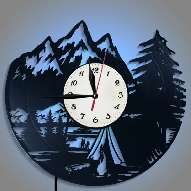 Mountain Range Vinyl Wall Clock Natural Landscape Hiking Inspiration Outdoor Camping Home Decoration Art LED Night Light Clock