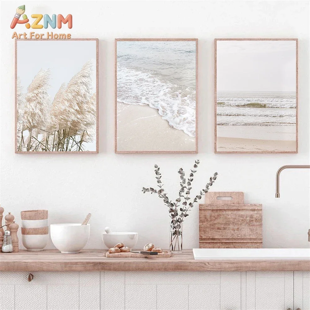 Beige Hay Reed Poster Print Pictures Sea Beach Sea Wave Pampas Bridge Canvas Painting Wall Art Nordic Living Room Decor