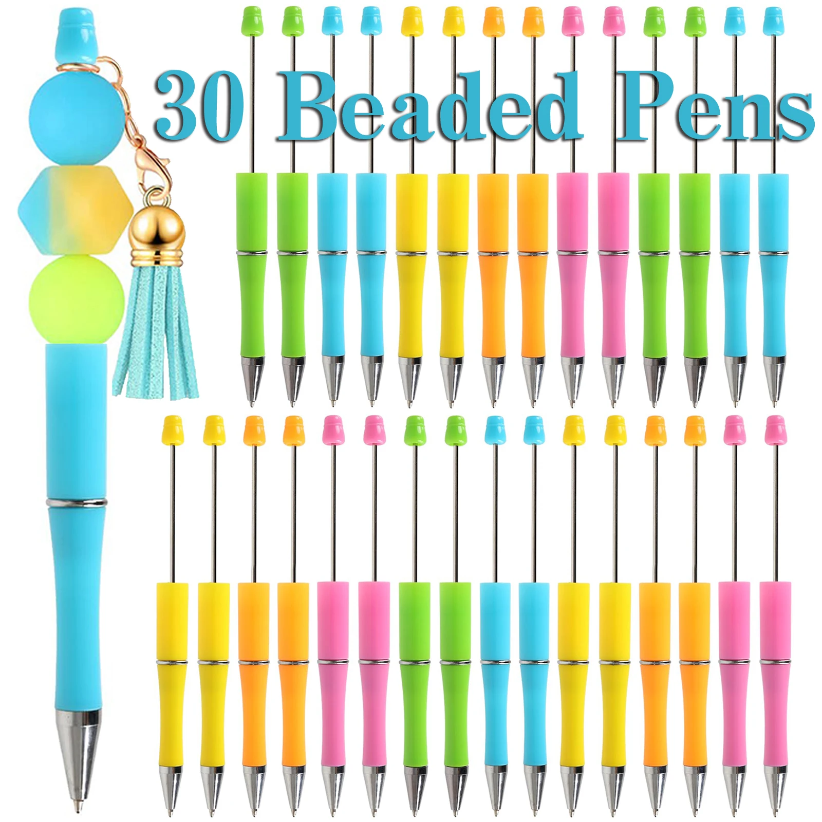 

30Pcs Plastic Beadable Pen Black Ink Plastic Beaded Ballpoint Pens for Kids Students Presents Office School Supplies