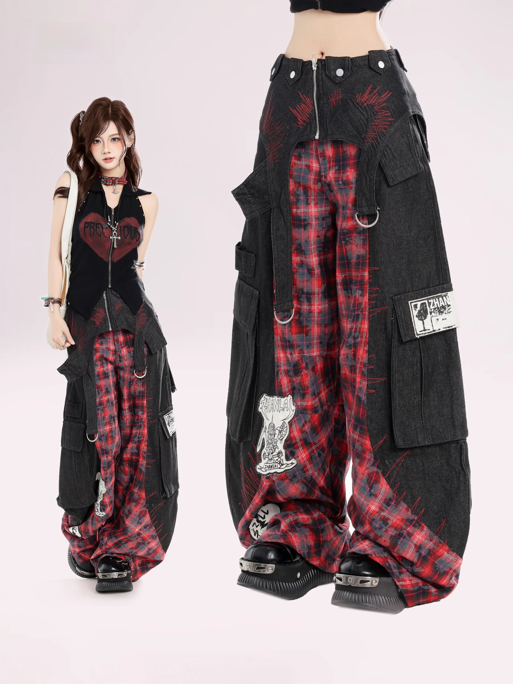 

American Style Patchwork Plaid Wide Leg Jeans Women's Multi-Way Wearable Curtain Detachable Trousers Comfortable Casual Jeans