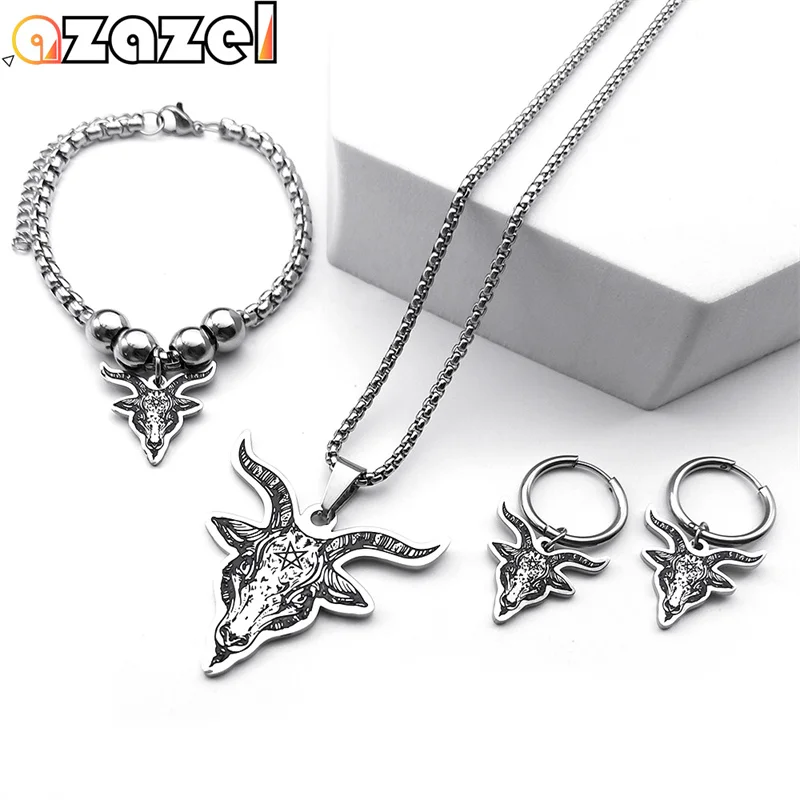 Pan God Goat Head Demon Invented Pentagram Stainless Steel Jewelry Set for Women Men Satan Mysterious Earring Necklaces Bracelet