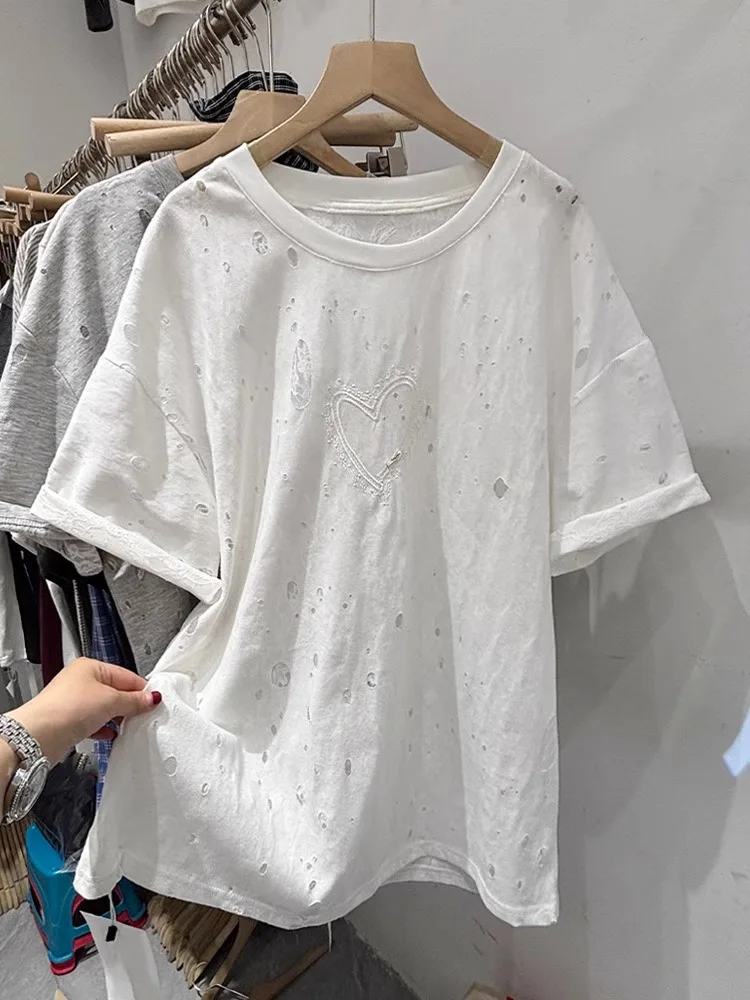 Retro American Lace Splicing Design Hole Love Stitching Short Sleeve T-Shirt Women Summer Slimming Top Korean Style Cotton Sw...