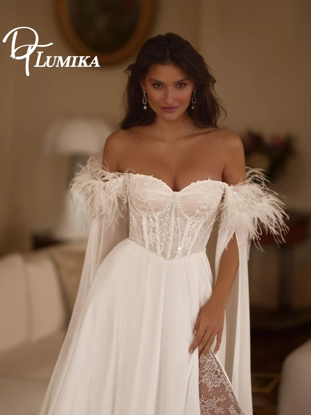 

Charming Feather Wedding Dress, Elegant Applique Bridal Gown, Graceful Off-the-shoulder A-Line Floor-Length Wedding Gown
