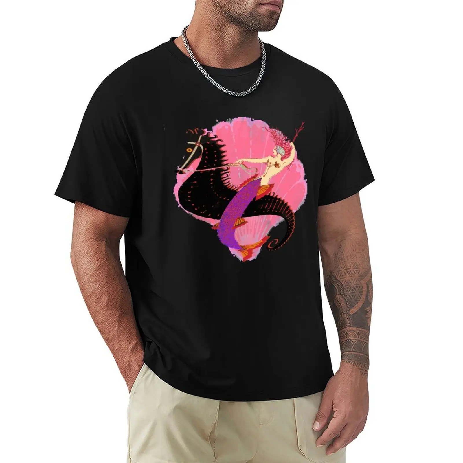 

Art Deco Mermaid on Seahorse with Clam Shell T-Shirt boys animal print plus size tops hippie clothes Men's cotton t-shirt