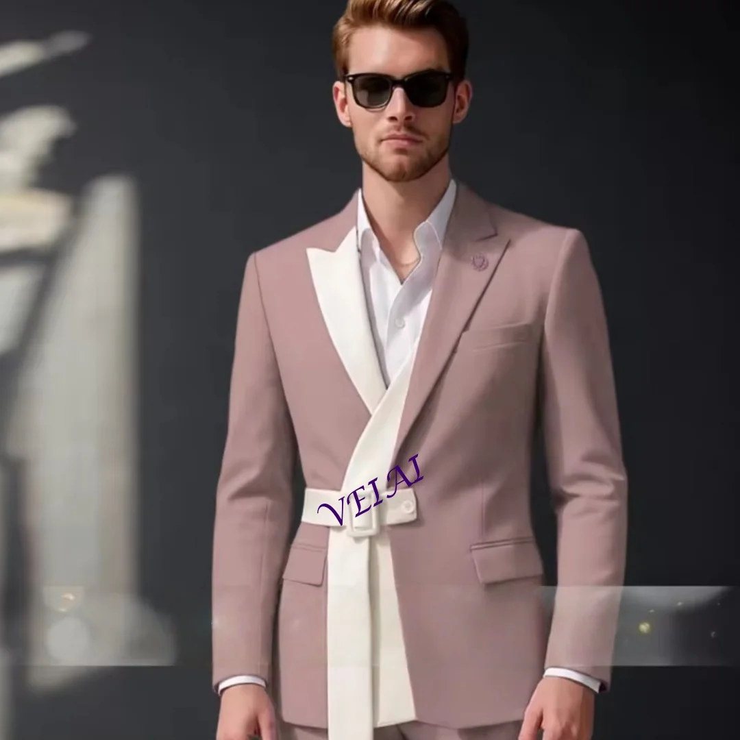

Men's Lavender Suit Slim Fit Dusty Rose Tuxedo with White Belted Lapel Modern Designer Wedding Clothes 2pcs Jacket PanCustomized