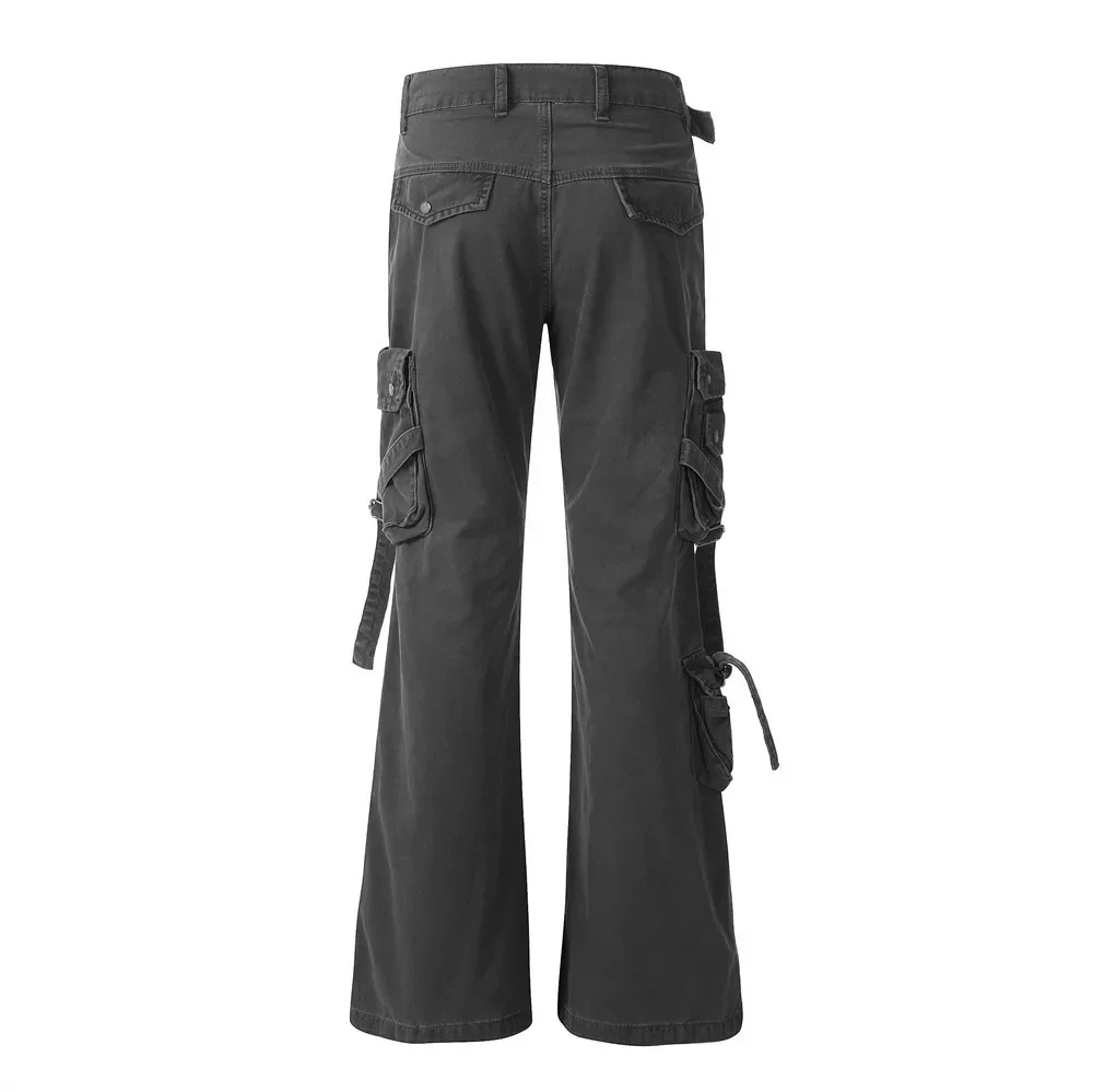 Pantalones cargo con tiras y múltiples bolsillos para hombre, estilo de nicho funcional de calle alta con cinturón, pantalones largos ligeramente acampanados de pierna ancha