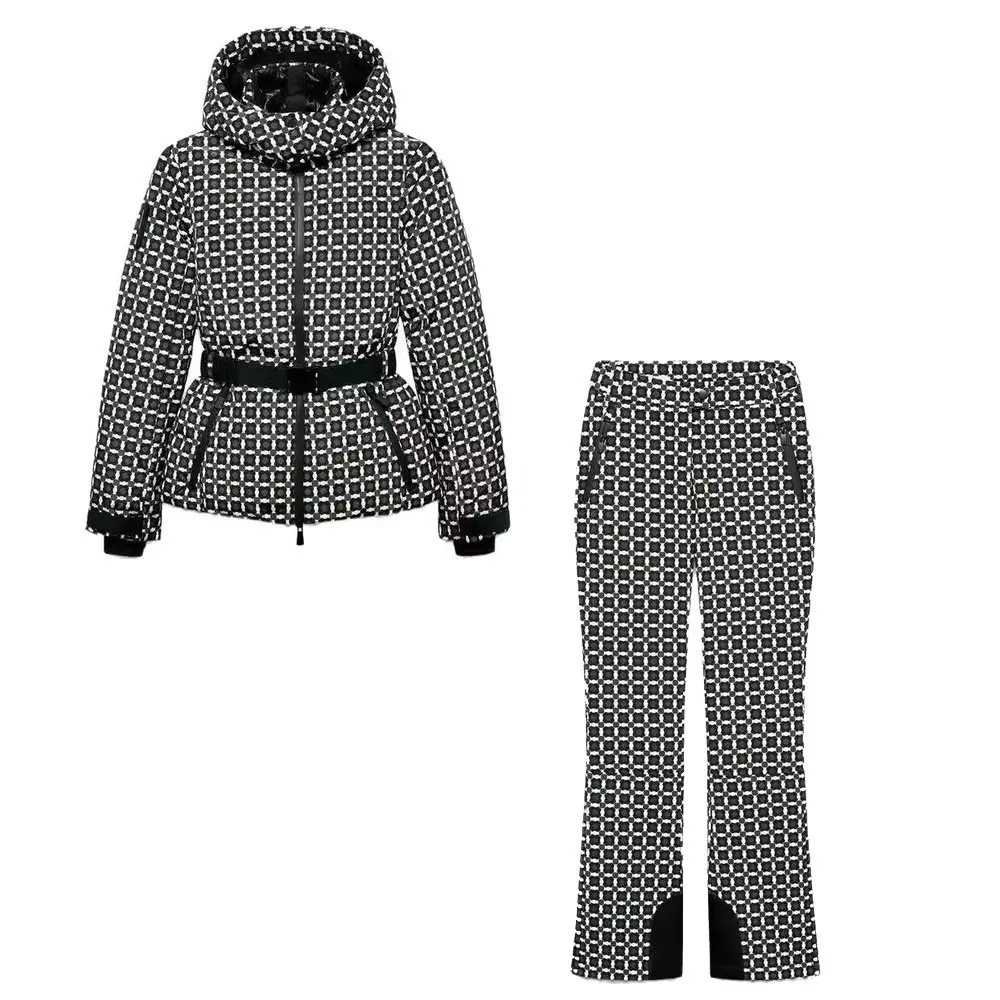 2026 Women's Winter Green Hooded Padded Sport Parkas Coats Jackets 2 PCS Set Lady Elegant Warm Windproof Skiing Pants Trousers