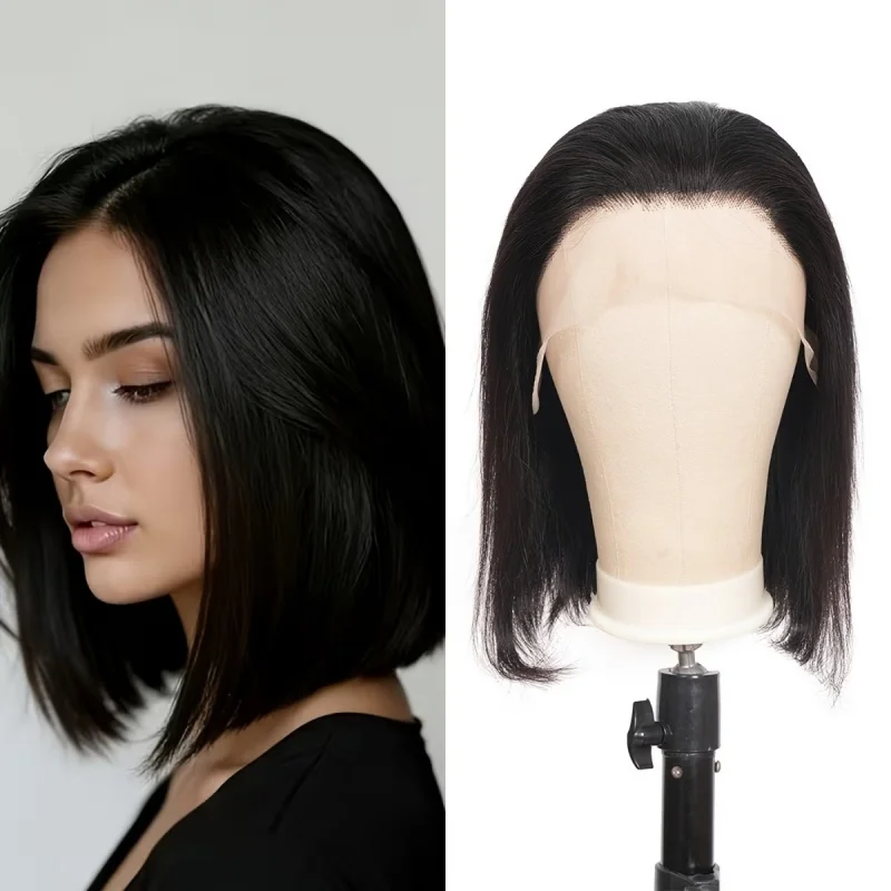13x4 Lace Front Natural Black 10-14 Inch Straight Bob Human Hair Wig for Women, Pre Plucked Natural Hairline Lace Wig for Daily Wear