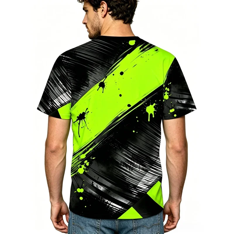Men'S Neon Green Black Splatter Print Round Neck T Shirt Oblique Brushstroke Design Short Sleeve Top Breathable Polyester Fiber