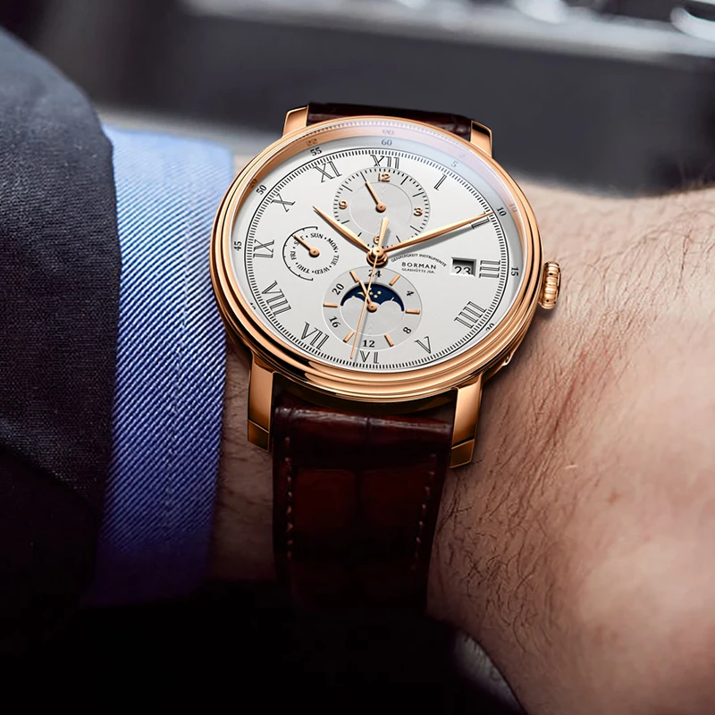 BORMAN Leather Moon Phase Leather Luxury Automatic Men Wristwatch Leather Strap 50m Water Resistant Mechanical Watches