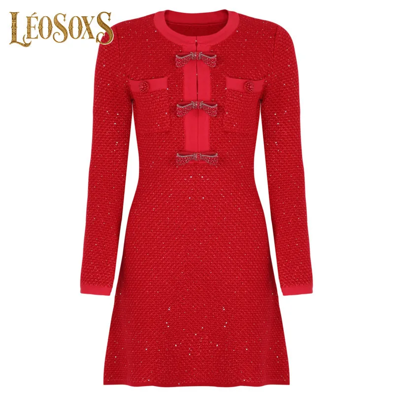 LEOSOXS ชุดเดรสมินิเดรสแขนยาวสำหรับผู้หญิงพร้อมการตกแต่งด้วยโบว์และรายละเอียดกระเป๋าเพื่อความสง่างามทั้งในชีวิตประจำวันและงานปาร์ตี้ 2025 ใหม่