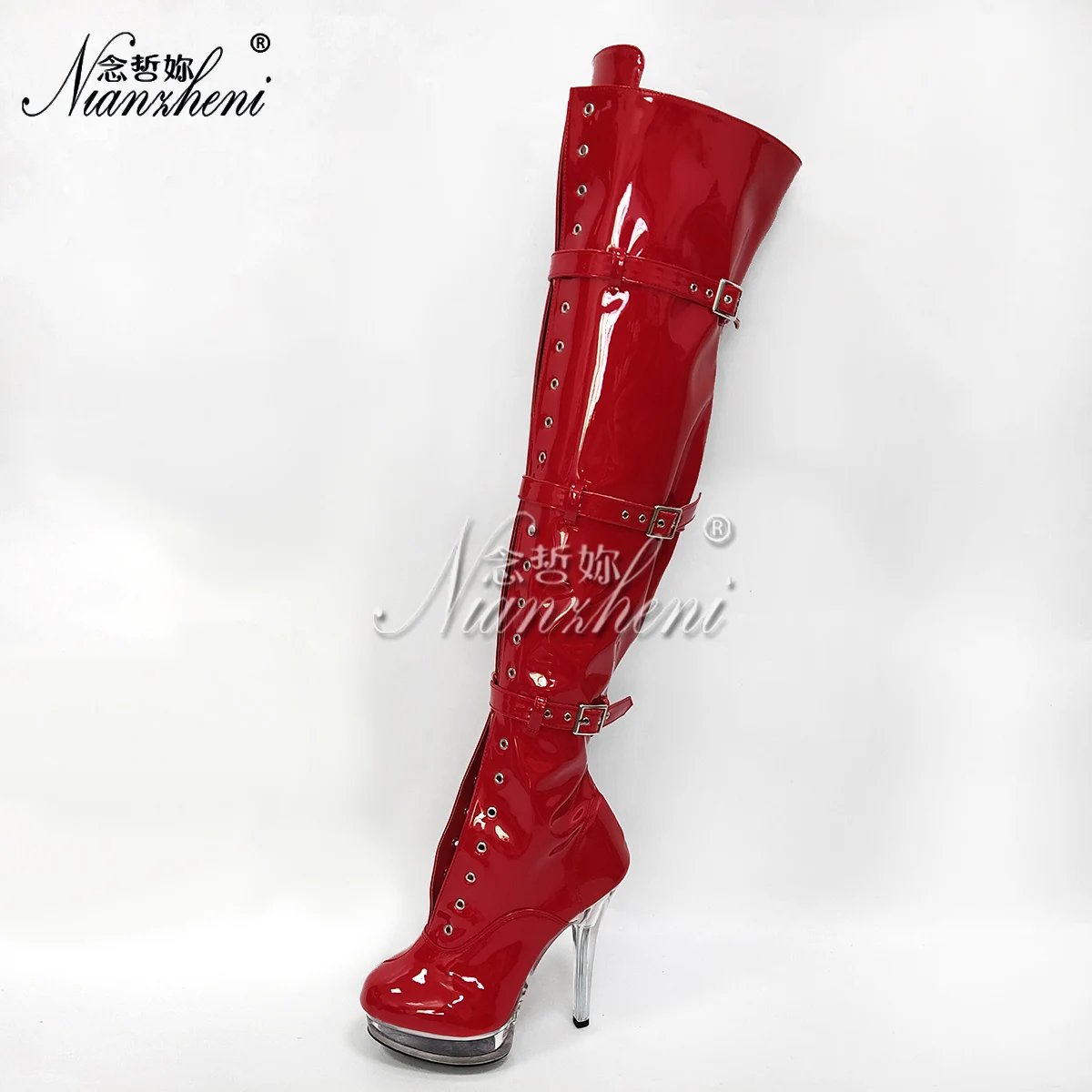 Red Exotic Belt Buckle Over The Knee Boots Women\'s 13cm Platform Sexy Fetish Shoes Nightclub 5Inch Gothic High Heels Big Size