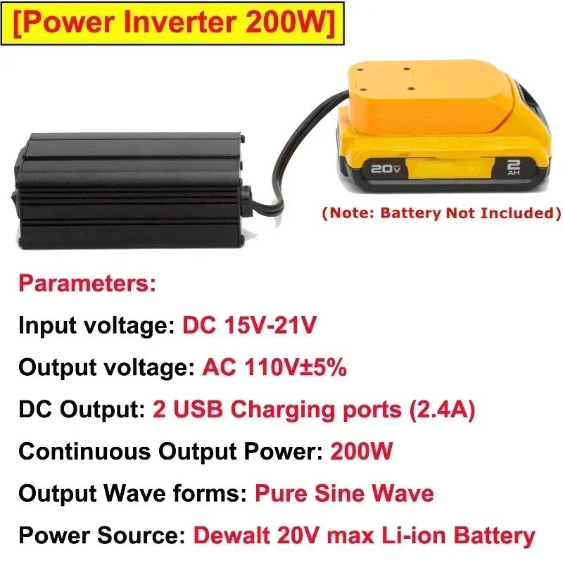 Inversor de Alimentação Portátil, 200W, Compatível com Bateria De Lítio Dewalt 18V, DC 20V, Energia Sem Fio Confiável, Carregamento Rápido