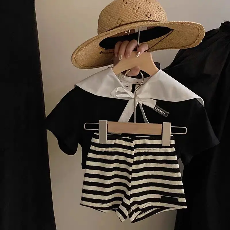 2025 Summer Children\'s Sets Girls\' School Style Short Sleeved Top Casual Striped Shorts Set Toddler Baby Girl Clothes Set