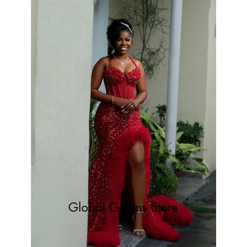 

Роскошные платья для выпускного вечера со стразами и кристаллами Русалка Aso Ebi Ruffles robes de soirée Индивидуальные черные вечерние платья с разрезом для девочек