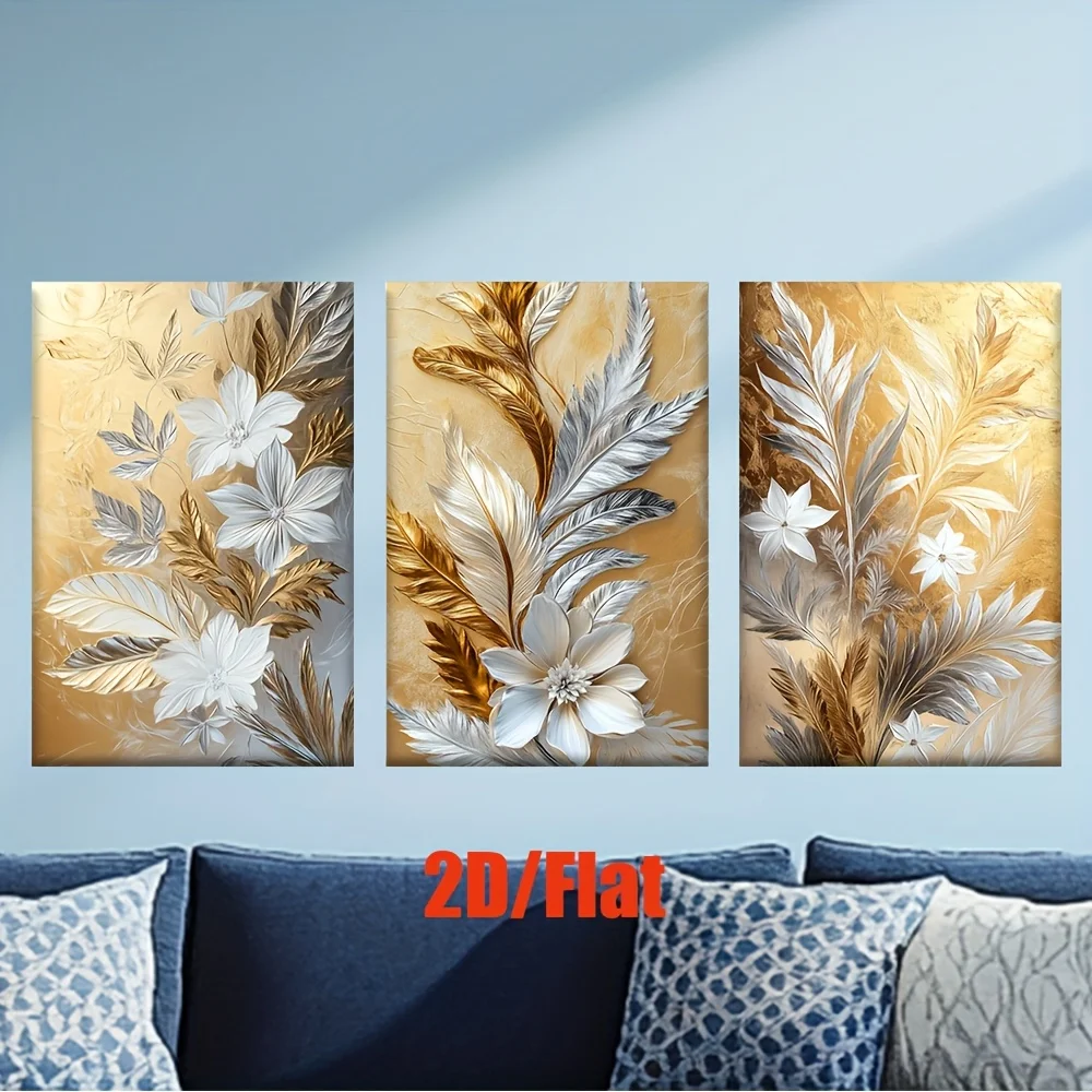 2D Flat 3pcs Elegant Golden Floral Canvas Art Prints - Frameless, 2D Flat Design with White & Golden Flowers and Leaves, Perf