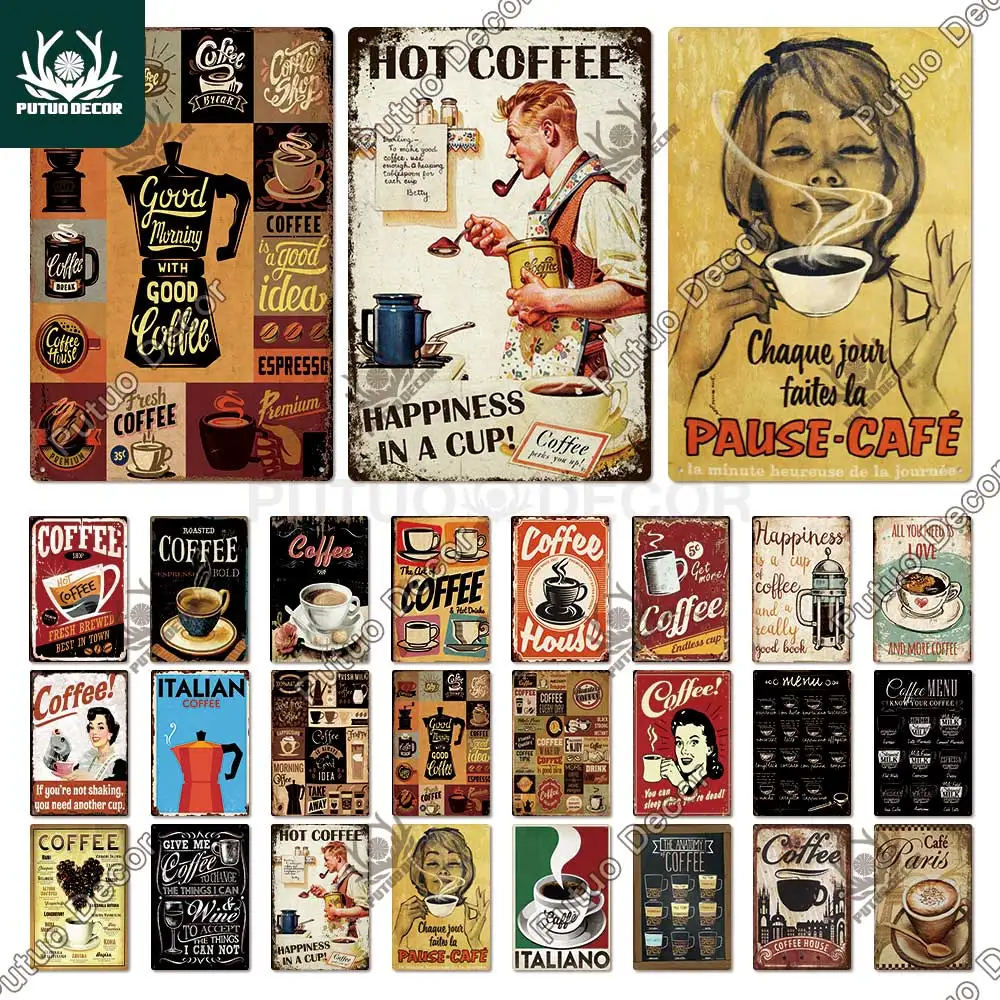Putuo Decor Coffee Tin Sign Vintage Plaque Metal Plate Retro Wall Art Posters for Kitchen Bar Pub Iron Painting Decoration