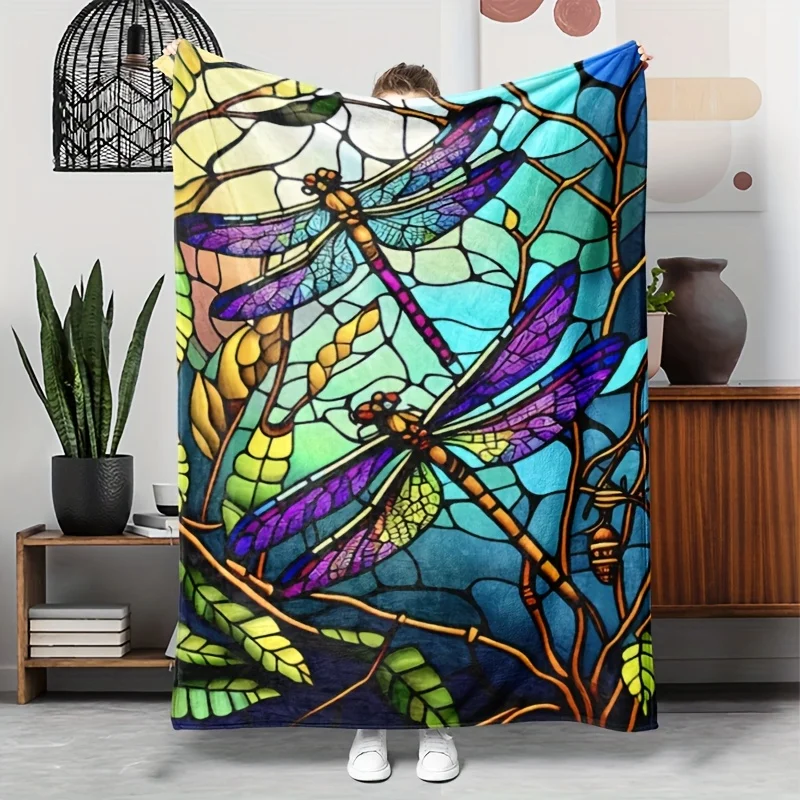 1pc Vibrant Dragonfly Print Flannel Blanket - Colorful Stained Glass Design, Multi-Use Cover for Sofa, Camping, Travel, and Picn