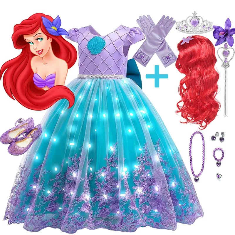 Led Light Kids Mermaid Cosplay Embroidery Dress Christmas Party Vestidos Girls Princess Little Mermaid Ariel Costume for 2-10T