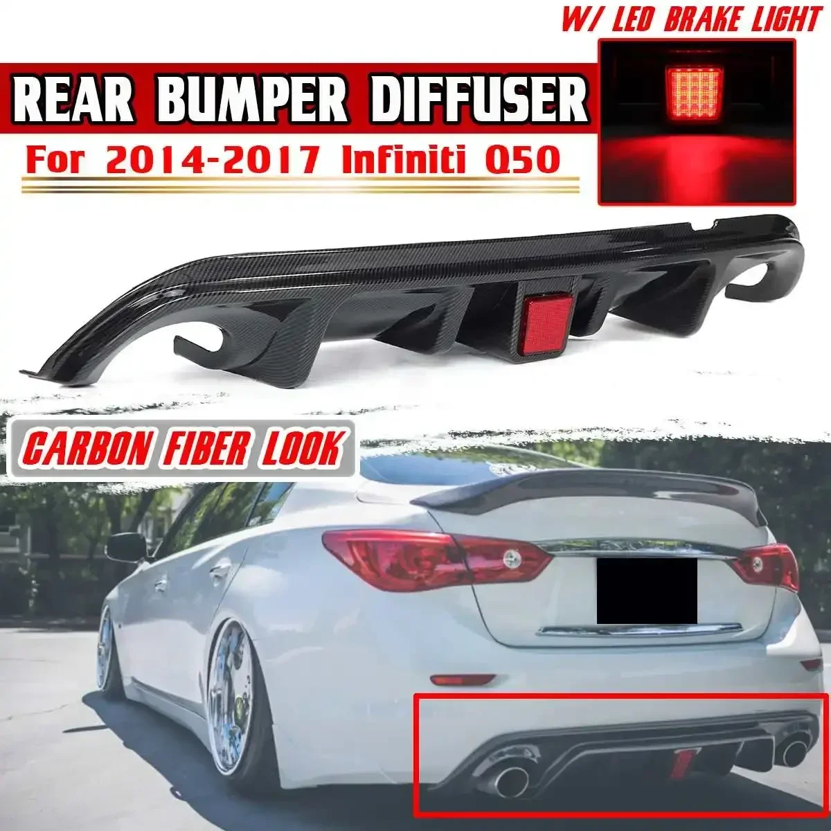 Q50 Rear Lip Diffuser Carbon Fiber Rear Bumper Diffuser Lip Spoiler with Brake Light Lamp For Infiniti Q50 2014-2021 Body Kit