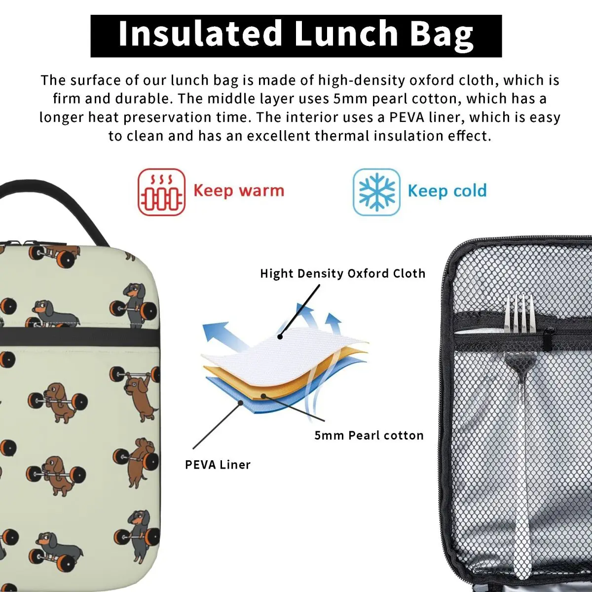 Lifting Dachshund Insulated Lunch Bag for Women Kids Portable Food Boxes Thermal Lunch Box Tote