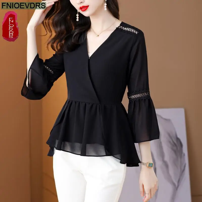 S-2XL 2023 Women Summer Elegant Office Lady Work Basic Shirt Casual Black Mesh Ruffles Tunic Peplum Tops Blouses