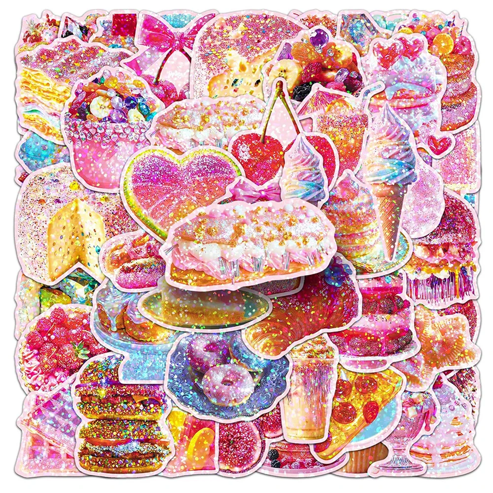 10/30/50pcs Cute Laser Style Dessert Stickers Aesthetic Cake Graffiti Stickers DIY Luggage Phone Diary Cartoon Sticker Wholesale