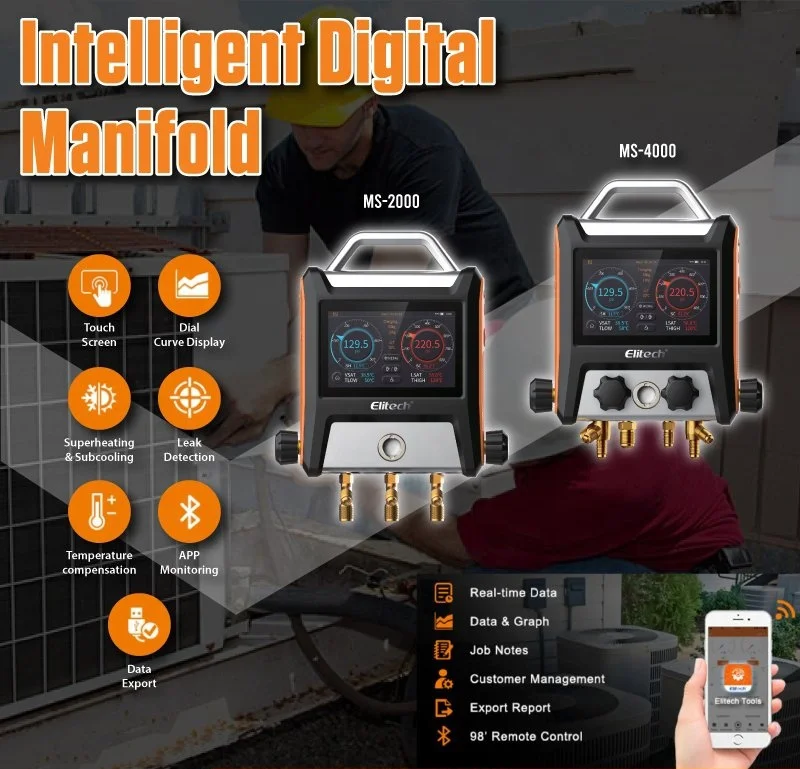 Intelligent A/C Digital Manifold Gauge Micron Vacuum Meter Refrigerant Pressure Gauge with Temp Clamps and Charging Hose