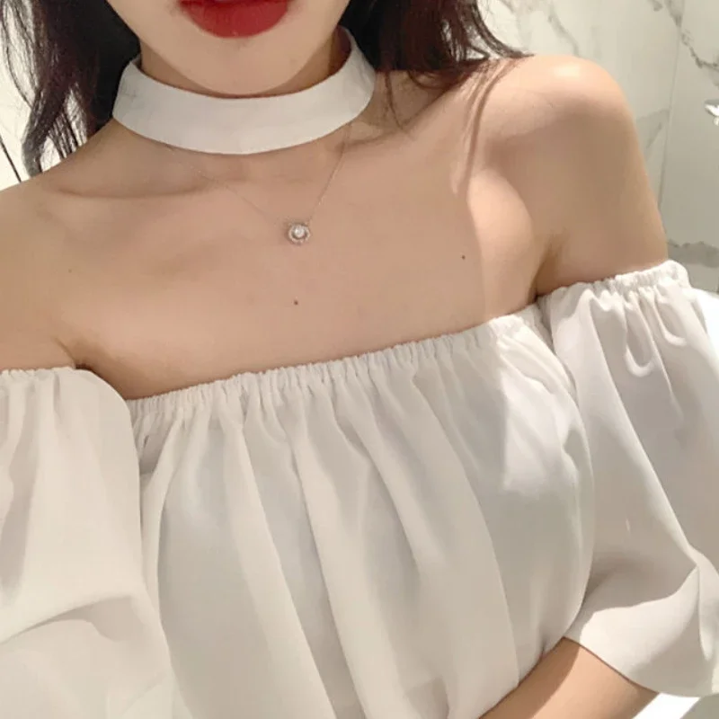 Blouses Women Backless Daily Ladies Summer Colorful Sexy Designer Slash Neck Fashion Leisure Loose Solid Korean Style Elegant