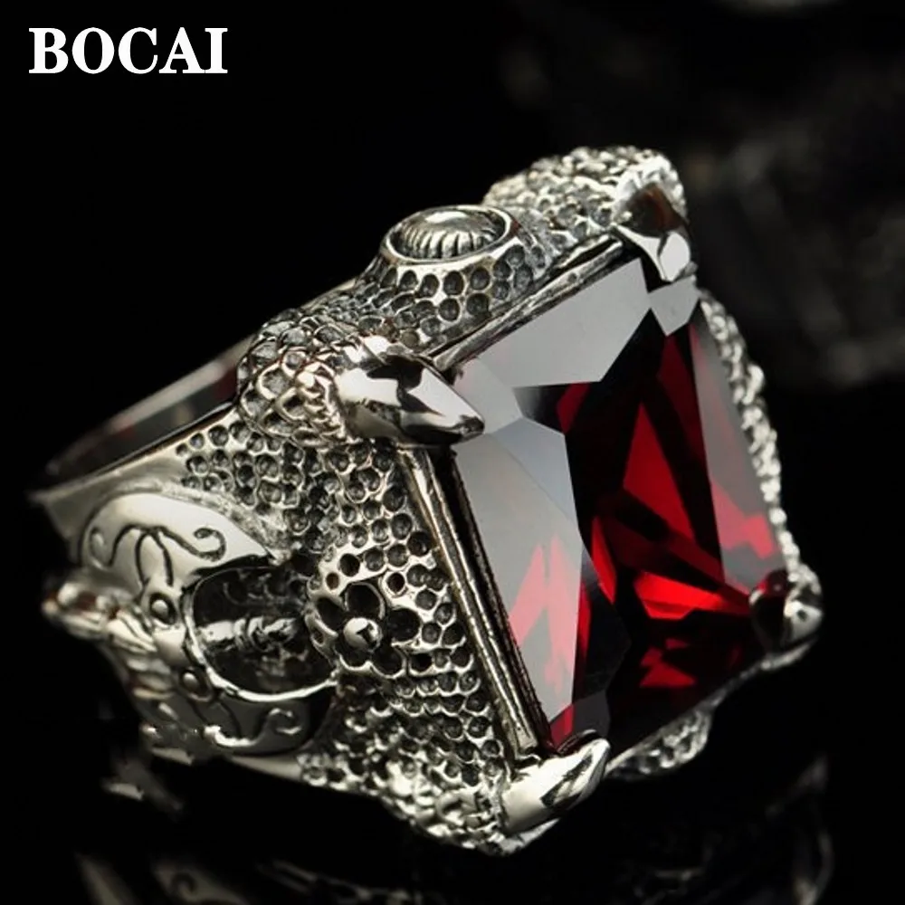 

BOCAI New 100% s925 Silver Jewelry Axe Dragon Claw Domineering Man Ring Inlaid With Garnet