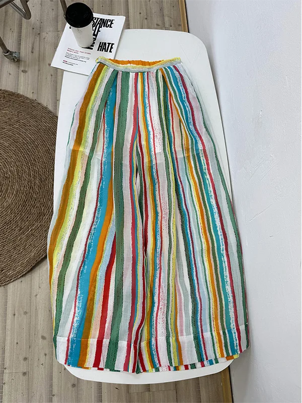 면 린넨 와이드 레그 팬츠 여성 여름 얇은 신축성 높은 허리 루즈핏 스트레이트 캐주얼 바지 스트라이프