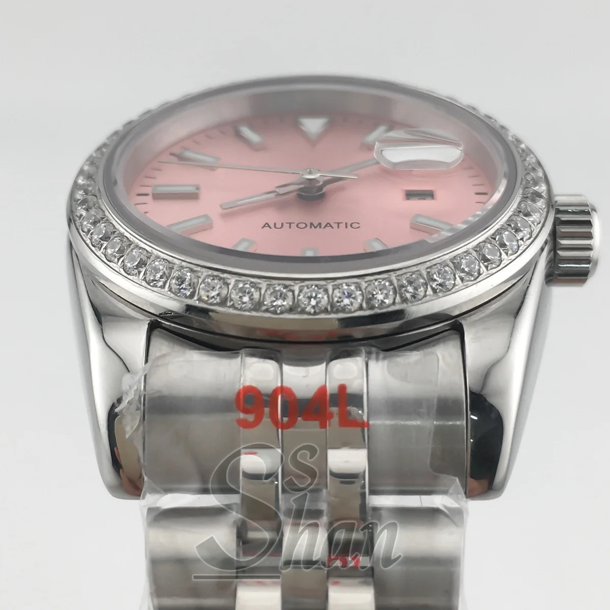 Zegarek damski NH05 31mm, luksusowy, automatyczny, szafirowe szkło, diamentowa luneta, luminescencyjna różowa tarcza, wodoszczelność do 100 metrów.