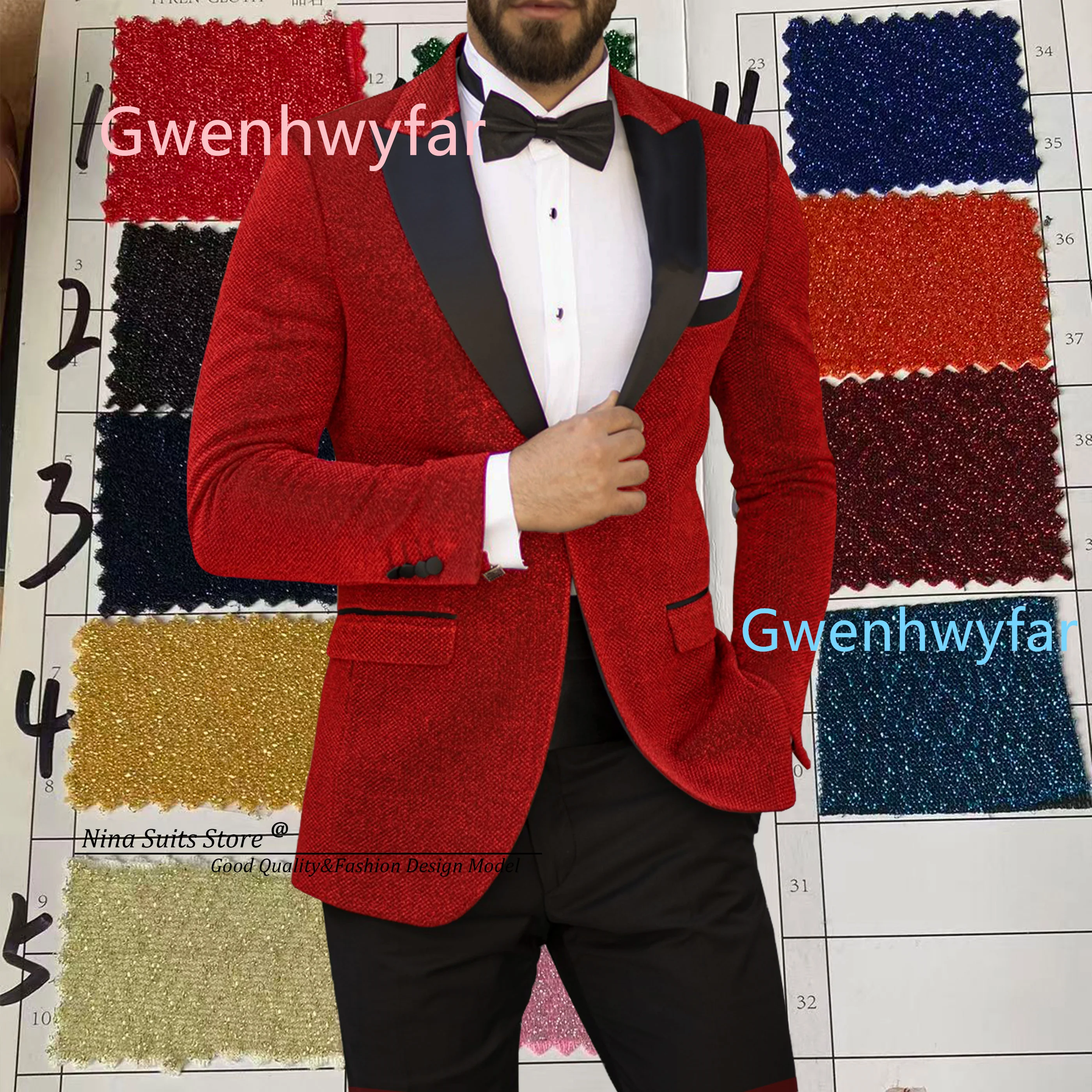 

Nina Store Custom Made Party Men Suits Bling Bling Glitter Fabric Jacket in Red Pink Navy Gold Blue Green with Black Satin Lapel