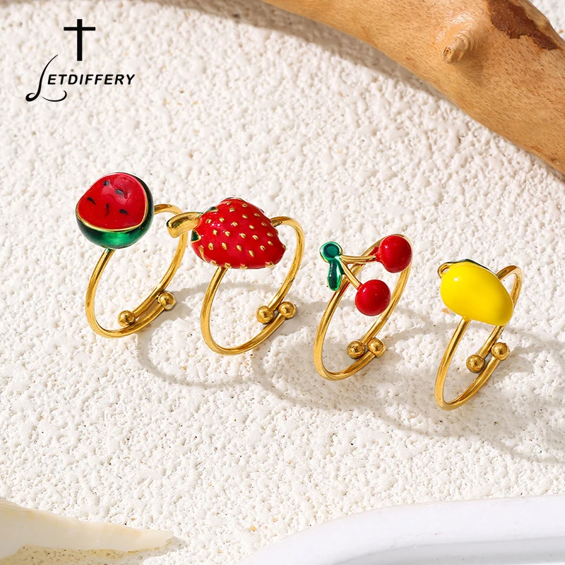 Letdiffery Fashion Cute Fruit Rings for Women Stainless Steel Cherry Strawberry Watermelon Lemon Gold Color Ring Sweet Jewelry