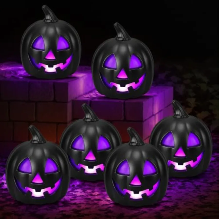 Halloween Jack O Lantern Pumpkin Decoration for indoor/outdoor use, plastic, black and purple, lightweight and weather-resistan