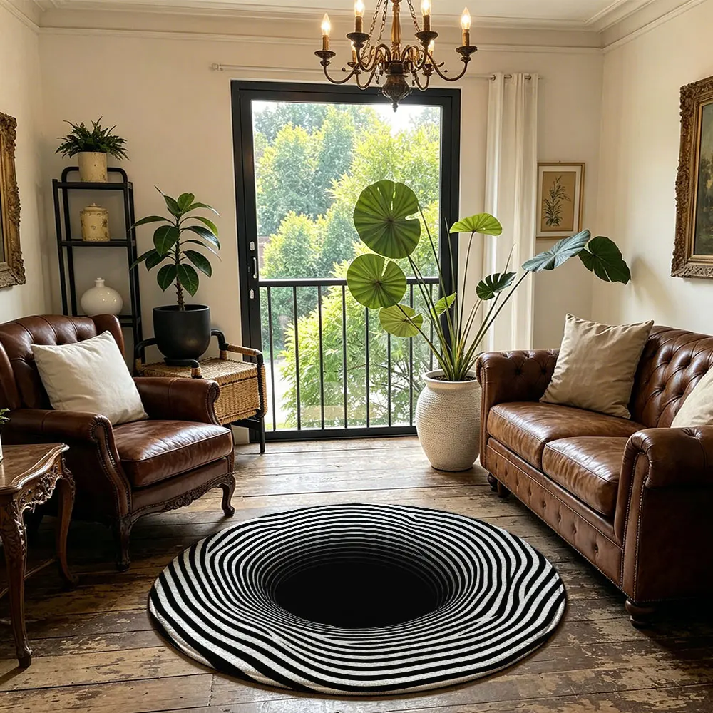 1pc Black White Spiral Vertigo Visual Round Floor Mat Washable Optical Illusion Circular Rug For Living Room Bedside Sofa Tre