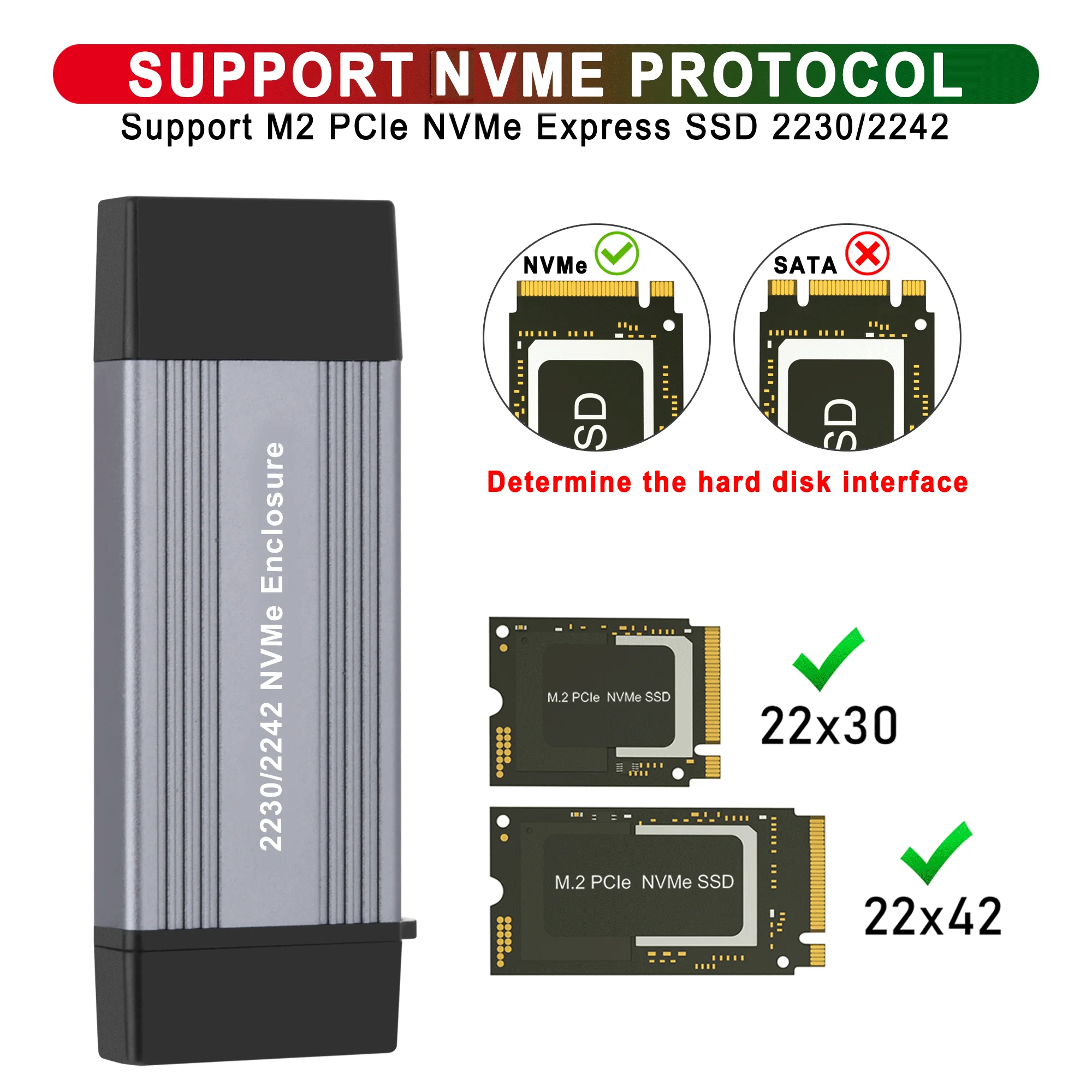 NVME Case Enclosure M.2 to USB 3.1 Gen 2 10Gbps  Aluminum Case Type A + Type C External SSD For M/M+B Key 2230 2242 M2 NVME