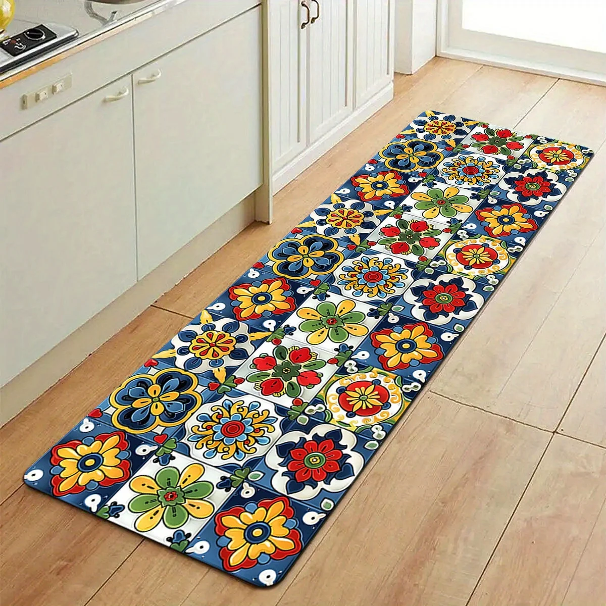VIKAMA Mexican Talavera Floral Tile Kitchen Runner Rug Waterproof Oil‑proof Non‑slip Long Floor Mat For Kitchen Space Rug