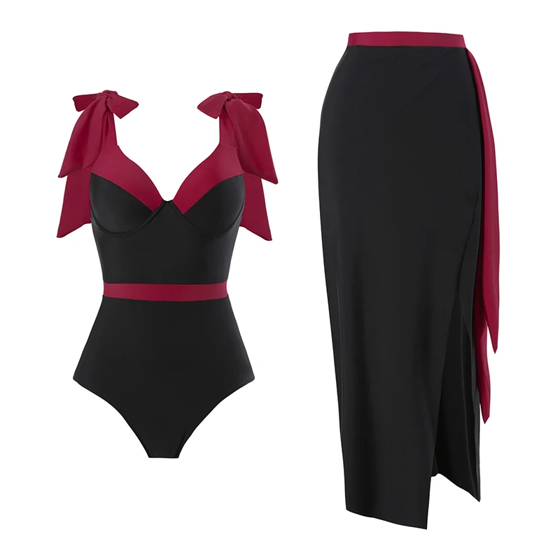 Red Swimsuit Women Lace Up Bodysuit Solid Spliced Slit Cut Chiffon Beach Skirt Summer 2026 New French Fashion Bikini Set