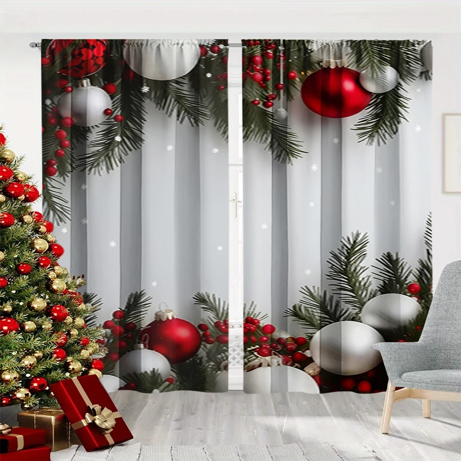 2PCS Grey Christmas Ball Print Curtains, Red Silver Bauble Pine Branch Window Drapes for Xmas Holiday Bedroom Living Room