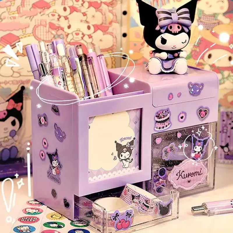 

Kawai Sanrios Kuromi Pencil Case Melody Pen Container Students Cinnamoroll Sticky Note Desktop Stationery Pen Holder Storage Box