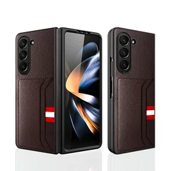 Leather Clemence Phone Case for Samsung Galaxy Z Fold6 Fold5 Fold4 Fold3 Fold 6 5 4 3 5G with Card Holder Fall Prevention Cover