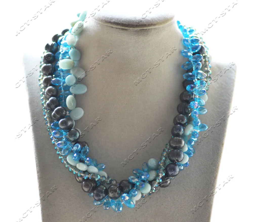 

MTC·STAR Z12948 4Row 18" Black Round Pearl Blue Faceted Drop Crystal Necklace