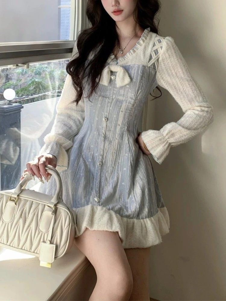 

Spring Autumn Sweet Design Dress Women New Slim Fit Waist A-Line French Style Princess Dress Blue Elegant Casual Clothing 2025