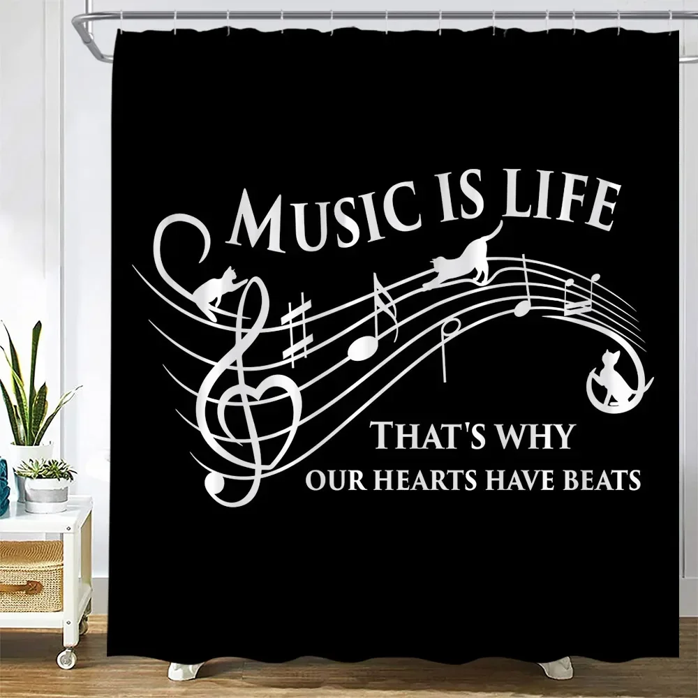 Creative Musical Symbols Cat Shower Curtain Music Is Life Black Line Note Modern Minimalist Fabric Bathroom Curtains Home Decor