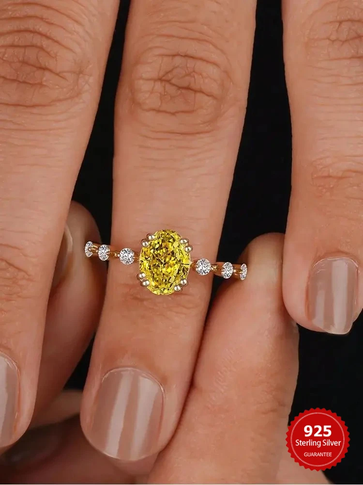 Funkelnder gelber ovaler Zirkon-Ring aus 925er-Sterlingsilber für Damen, Verlobung, Hochzeit, Luxus-Mode, hochwertiger edler Schmuck